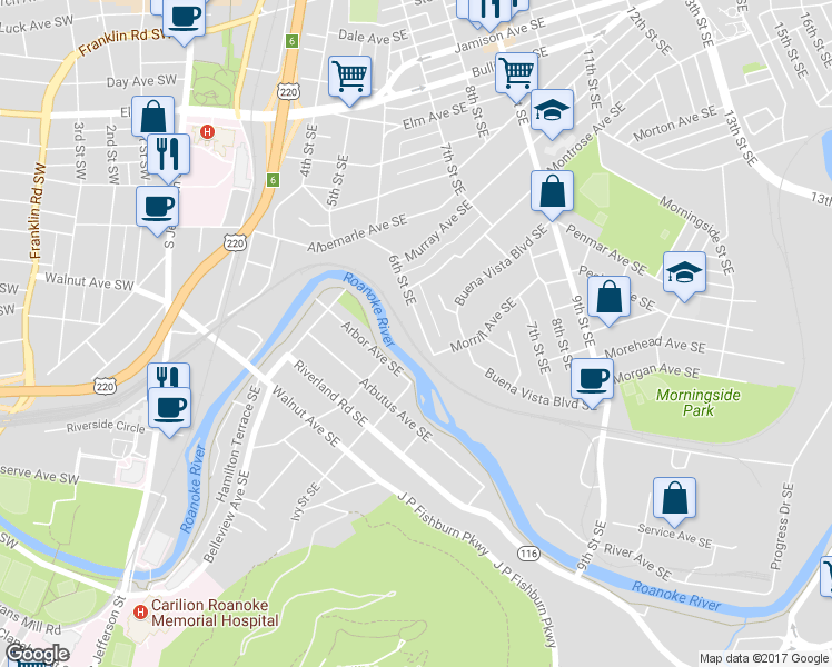 map of restaurants, bars, coffee shops, grocery stores, and more near 1331 6th Street Southeast in Roanoke