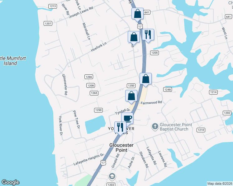 map of restaurants, bars, coffee shops, grocery stores, and more near 7570 Bellehaven Drive in Gloucester Point