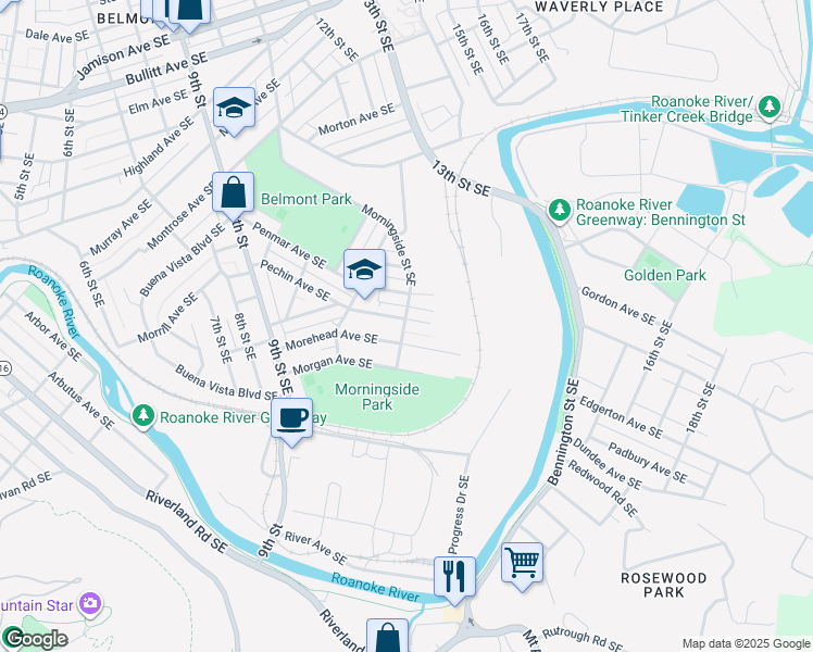 map of restaurants, bars, coffee shops, grocery stores, and more near 1301 Pechin Avenue Southeast in Roanoke