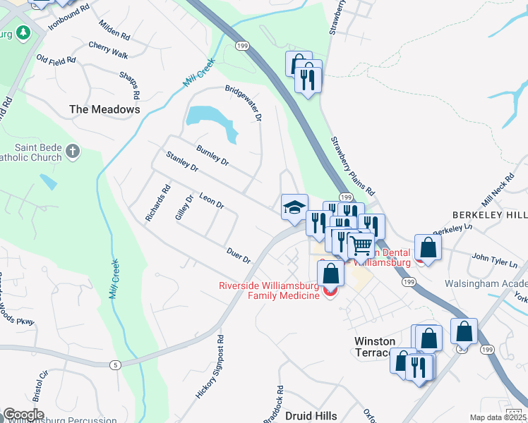 map of restaurants, bars, coffee shops, grocery stores, and more near 108 Stanley Drive in Williamsburg