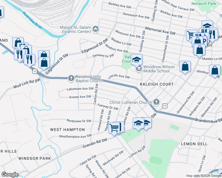 map of restaurants, bars, coffee shops, grocery stores, and more near 2415 Laburnum Avenue Southwest in Roanoke