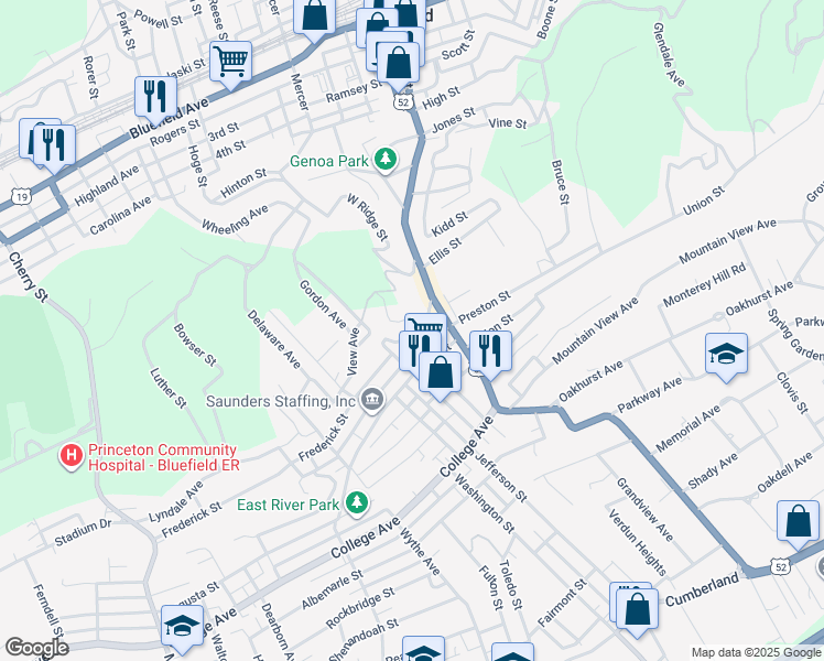 map of restaurants, bars, coffee shops, grocery stores, and more near 134 Williams Street in Bluefield
