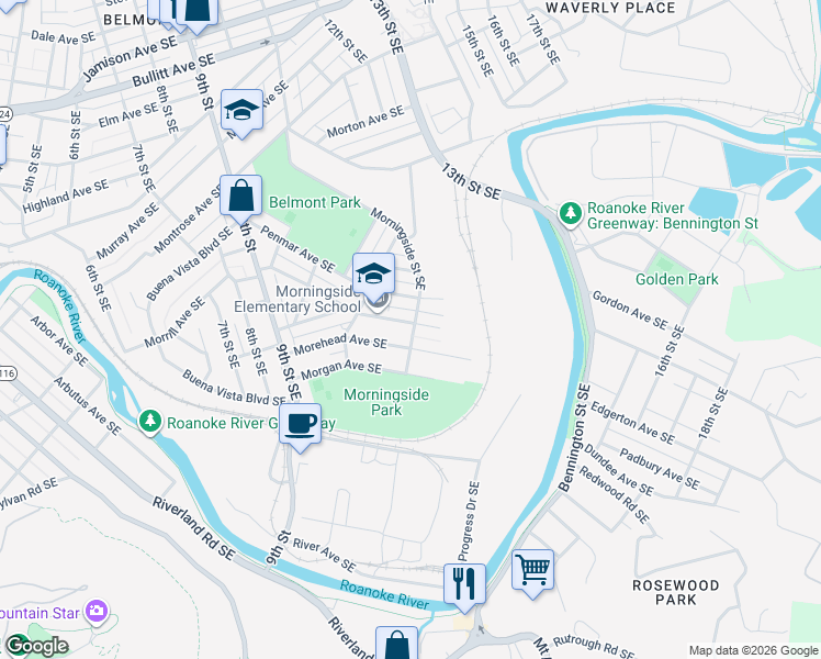 map of restaurants, bars, coffee shops, grocery stores, and more near 1301 Pechin Avenue Southeast in Roanoke