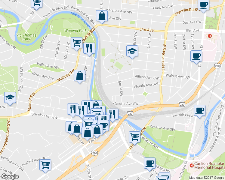 map of restaurants, bars, coffee shops, grocery stores, and more near 626 Woods Avenue Southwest in Roanoke