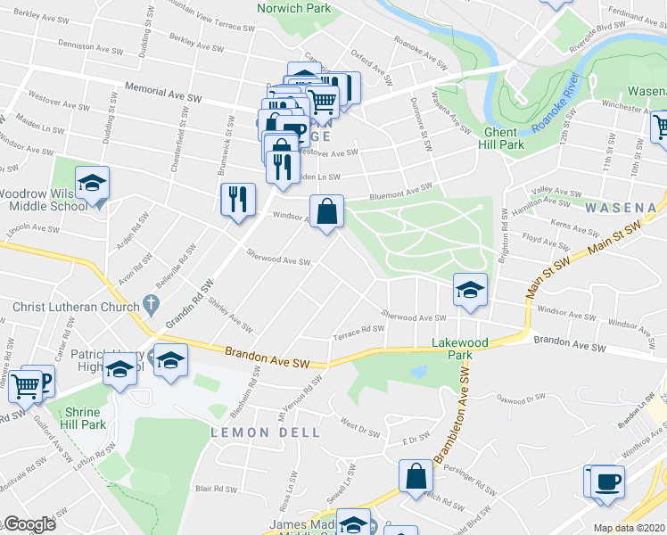 map of restaurants, bars, coffee shops, grocery stores, and more near 1719 Sherwood Avenue Southwest in Roanoke