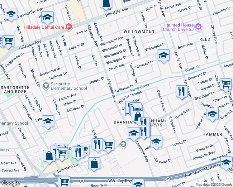 map of restaurants, bars, coffee shops, grocery stores, and more near 1594 Hallbrook Drive in San Jose