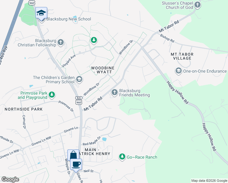 map of restaurants, bars, coffee shops, grocery stores, and more near 502 Mount Tabor Road in Blacksburg