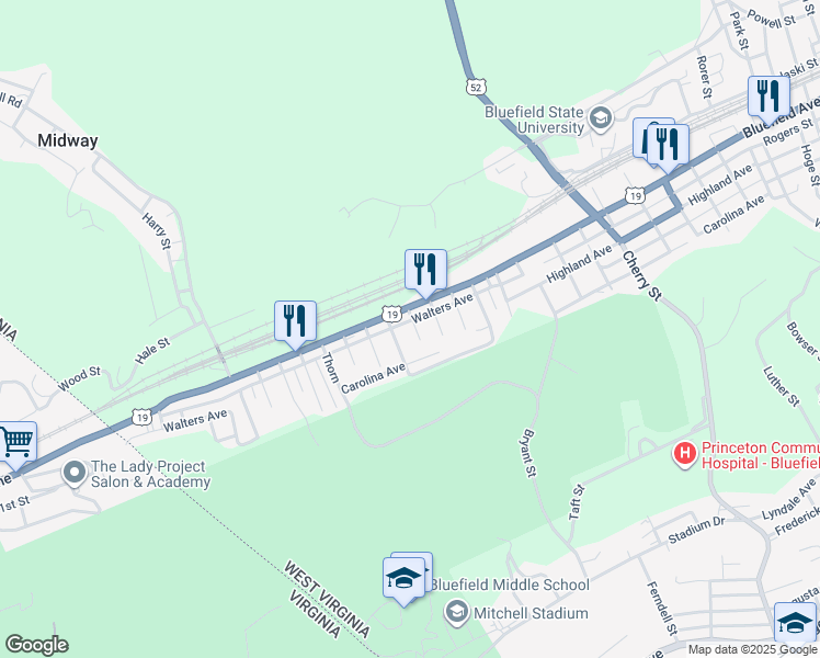 map of restaurants, bars, coffee shops, grocery stores, and more near 120 Alder Street in Bluefield