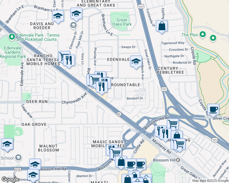 map of restaurants, bars, coffee shops, grocery stores, and more near Driveway in San Jose
