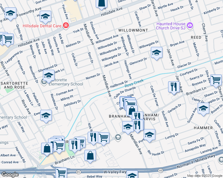 map of restaurants, bars, coffee shops, grocery stores, and more near 1594 Hallbrook Drive in San Jose