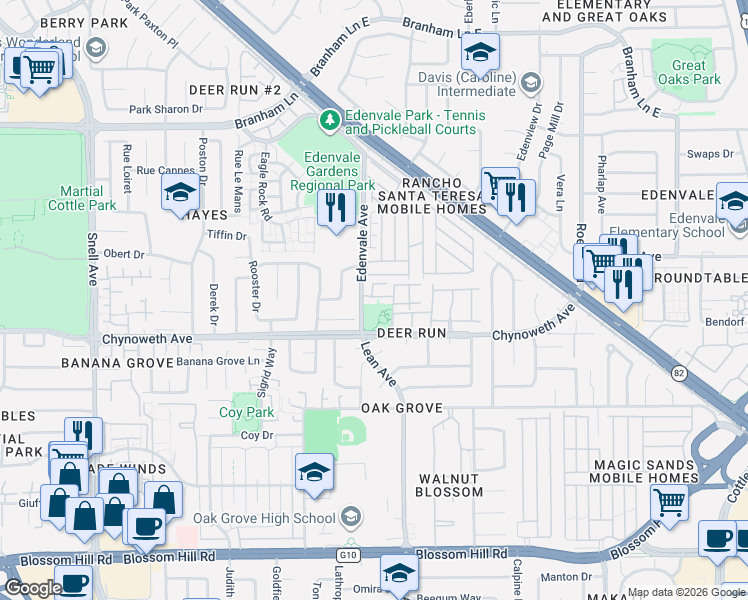 map of restaurants, bars, coffee shops, grocery stores, and more near 5277 Edenvale Avenue in San Jose