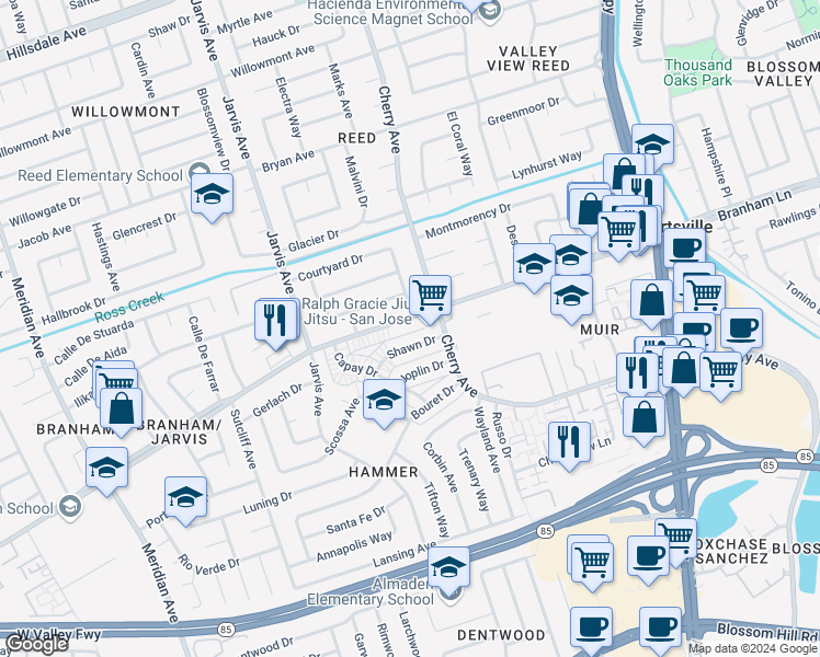map of restaurants, bars, coffee shops, grocery stores, and more near 1358 Branham Lane in San Jose