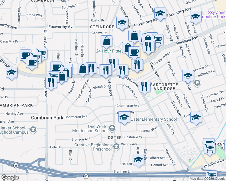 map of restaurants, bars, coffee shops, grocery stores, and more near 3803 Arbuckle Drive in San Jose
