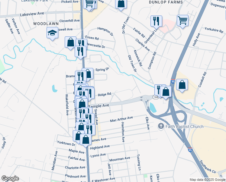 map of restaurants, bars, coffee shops, grocery stores, and more near 216 Ridge Road in Colonial Heights