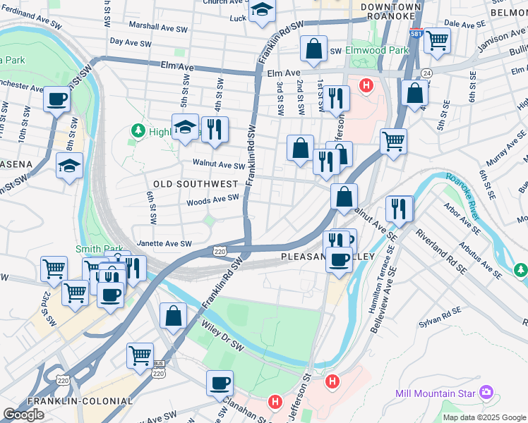map of restaurants, bars, coffee shops, grocery stores, and more near 1410 3rd Street Southwest in Roanoke