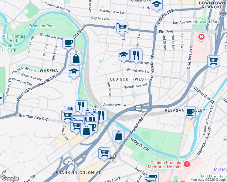 map of restaurants, bars, coffee shops, grocery stores, and more near 510 Woods Avenue Southwest in Roanoke