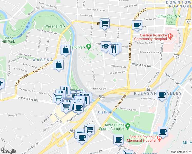 map of restaurants, bars, coffee shops, grocery stores, and more near 606 Woods Avenue Southwest in Roanoke