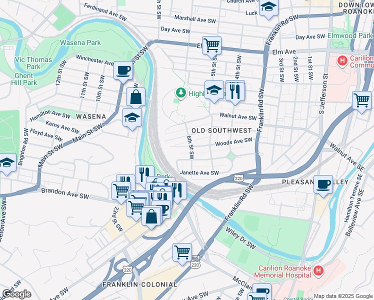 map of restaurants, bars, coffee shops, grocery stores, and more near 606 Woods Avenue Southwest in Roanoke