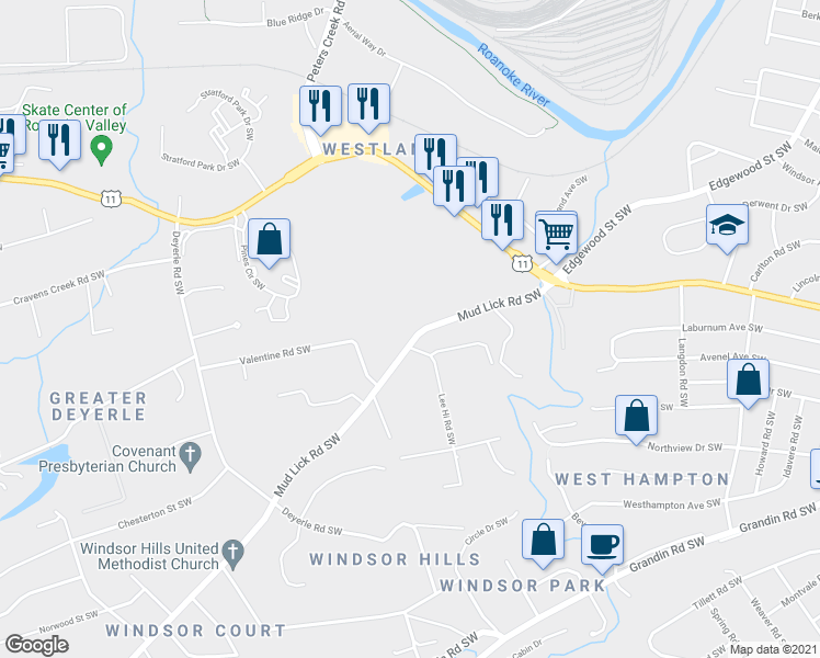 map of restaurants, bars, coffee shops, grocery stores, and more near 3241-3299 Mudlick Rd SW in Roanoke