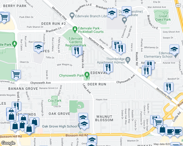 map of restaurants, bars, coffee shops, grocery stores, and more near 61 Cherry Crest Lane in San Jose