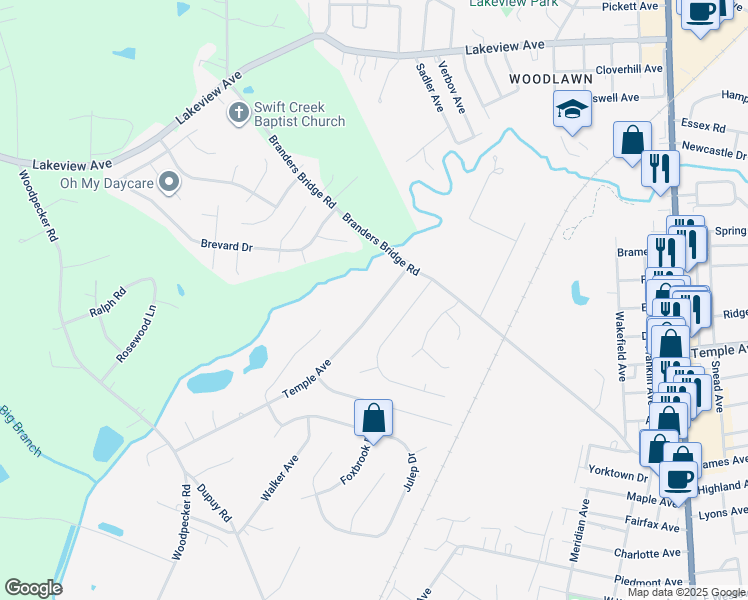 map of restaurants, bars, coffee shops, grocery stores, and more near 19200 Temple Avenue in Colonial Heights