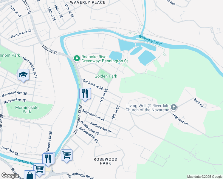map of restaurants, bars, coffee shops, grocery stores, and more near 1614 Gordon Avenue Southeast in Roanoke