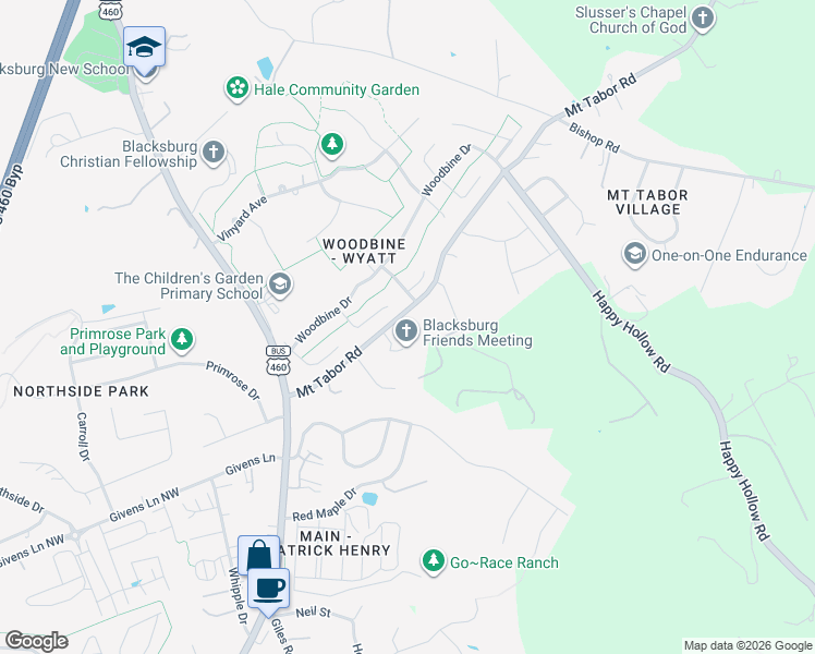 map of restaurants, bars, coffee shops, grocery stores, and more near 502 Mount Tabor Road in Blacksburg