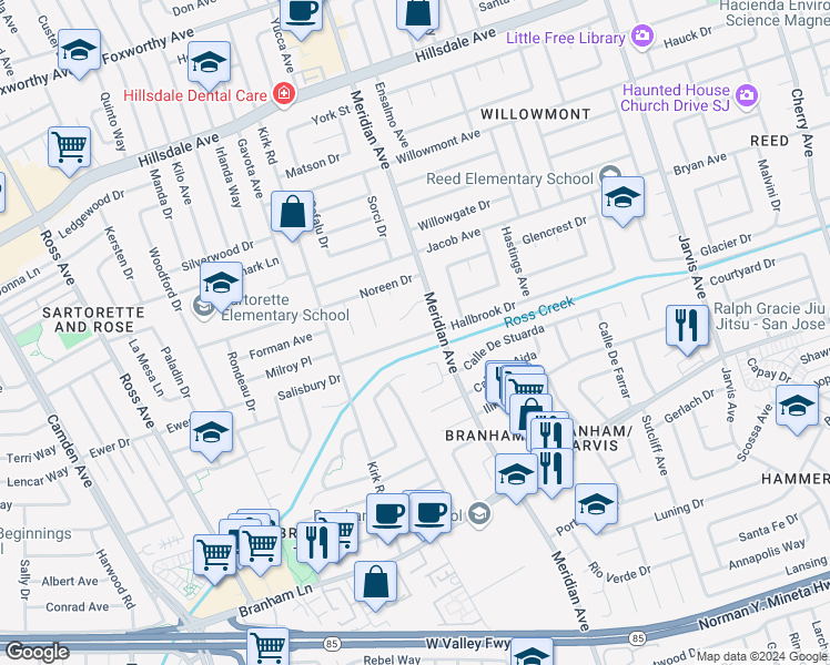 map of restaurants, bars, coffee shops, grocery stores, and more near 1607 Hallbrook Drive in San Jose