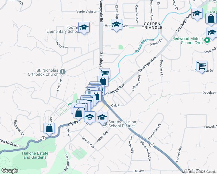 map of restaurants, bars, coffee shops, grocery stores, and more near 14353 Saratoga Avenue in Saratoga