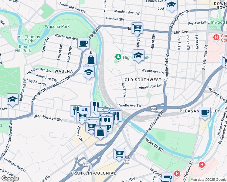 map of restaurants, bars, coffee shops, grocery stores, and more near 636 Woods Avenue Southwest in Roanoke