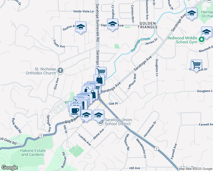 map of restaurants, bars, coffee shops, grocery stores, and more near 14355 Saratoga Avenue in Saratoga