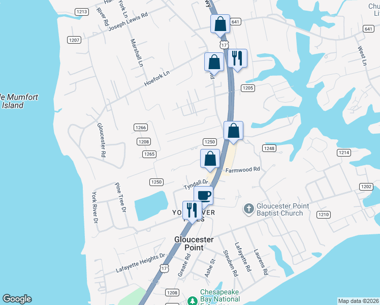 map of restaurants, bars, coffee shops, grocery stores, and more near 7570 Bellehaven Drive in Gloucester Point