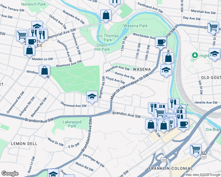 map of restaurants, bars, coffee shops, grocery stores, and more near 1226 Summit Avenue Southwest in Roanoke
