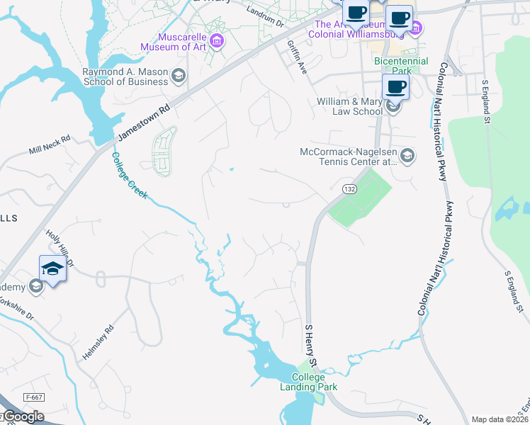 map of restaurants, bars, coffee shops, grocery stores, and more near 142 Ridings Cove in Williamsburg