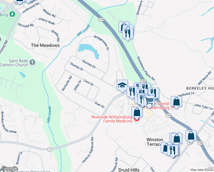 map of restaurants, bars, coffee shops, grocery stores, and more near 108 Stanley Drive in Williamsburg