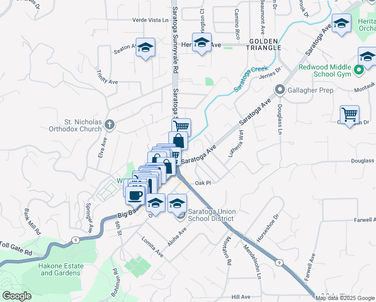 map of restaurants, bars, coffee shops, grocery stores, and more near 14353 Saratoga Avenue in Saratoga