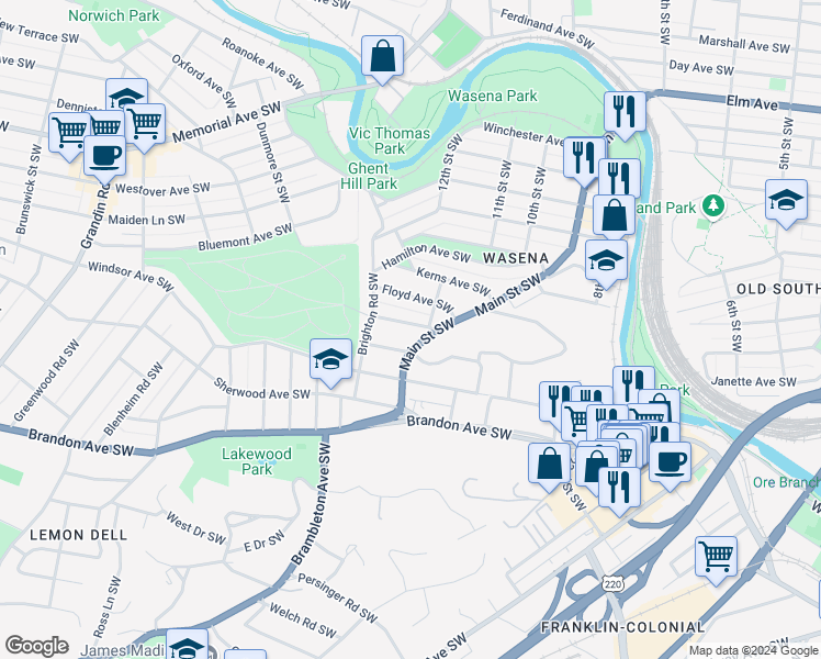map of restaurants, bars, coffee shops, grocery stores, and more near 1218 Summit Avenue Southwest in Roanoke
