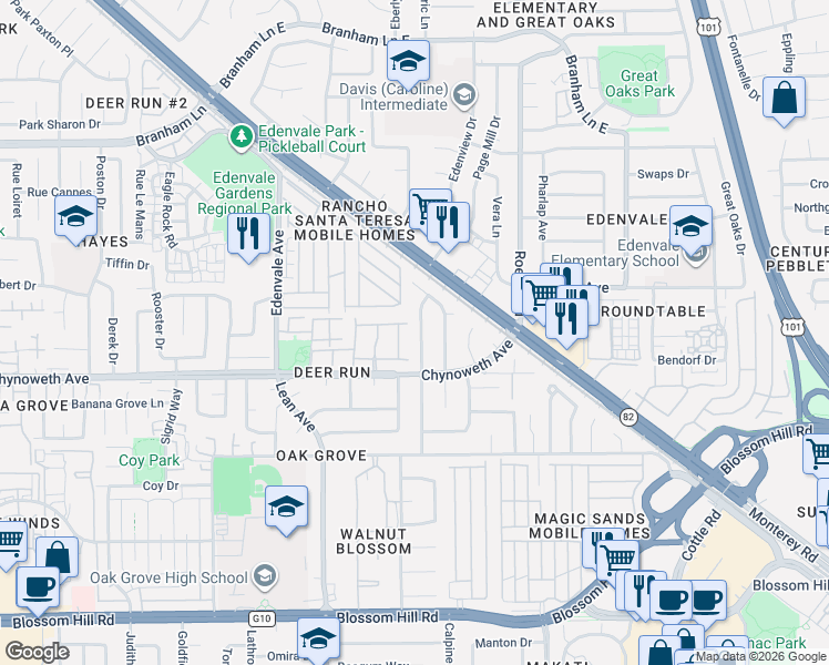 map of restaurants, bars, coffee shops, grocery stores, and more near 5254 Tomahawk Drive in San Jose