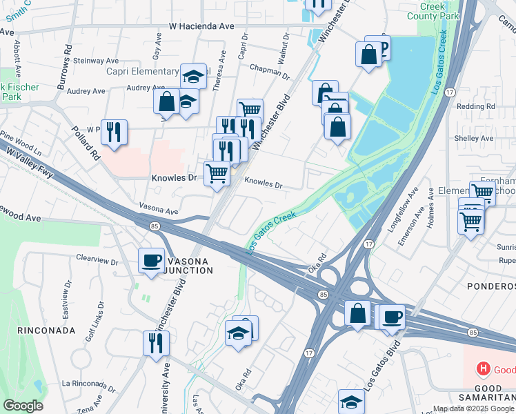 map of restaurants, bars, coffee shops, grocery stores, and more near 200 Winchester Circle in Los Gatos