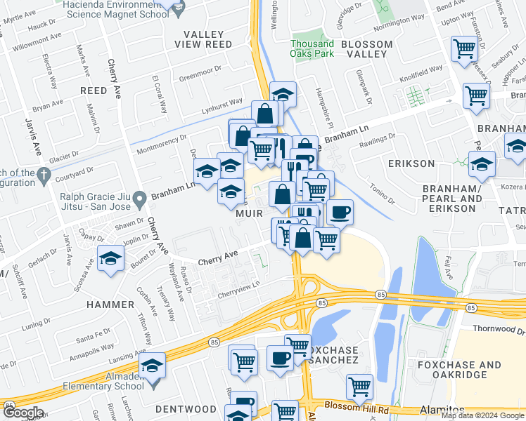 map of restaurants, bars, coffee shops, grocery stores, and more near 1137 Yvette Court in San Jose