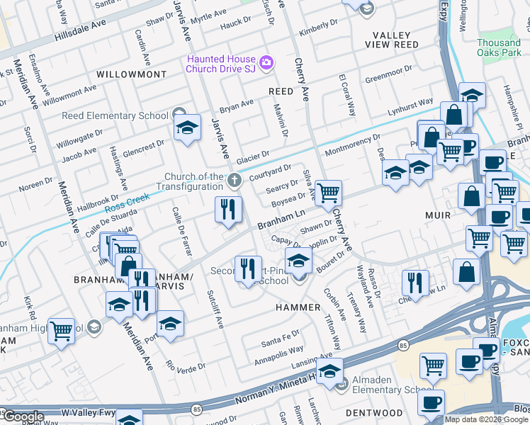 map of restaurants, bars, coffee shops, grocery stores, and more near 1398 Boysea Drive in San Jose