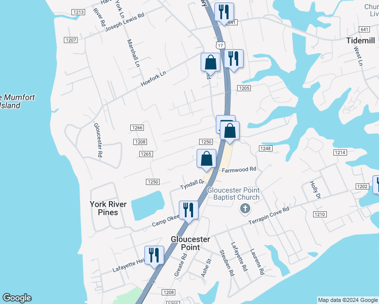 map of restaurants, bars, coffee shops, grocery stores, and more near 7570 Bellehaven Drive in Gloucester Point