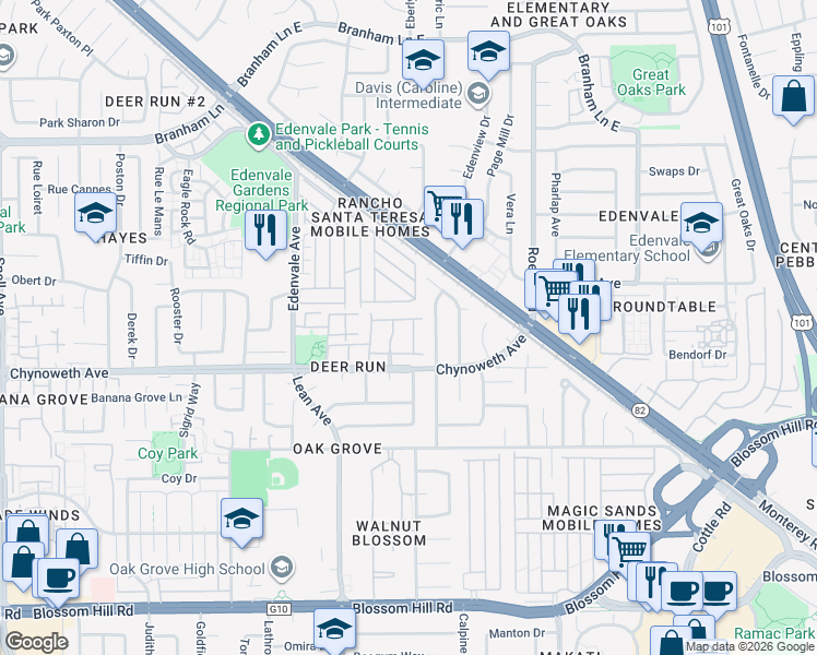 map of restaurants, bars, coffee shops, grocery stores, and more near 5245 Country Forge Lane in San Jose