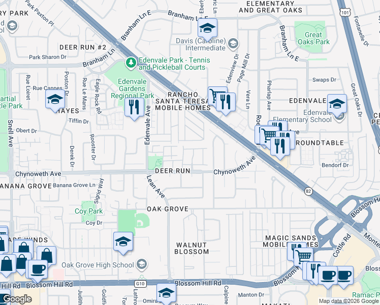map of restaurants, bars, coffee shops, grocery stores, and more near in San Jose