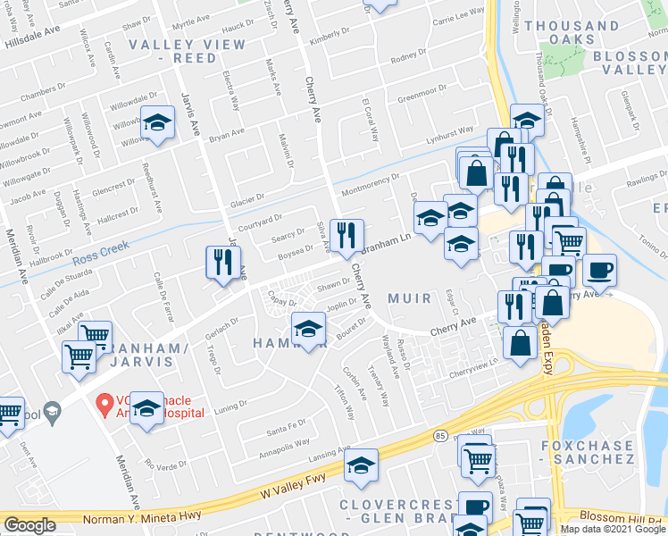 map of restaurants, bars, coffee shops, grocery stores, and more near 4645 Cherry Avenue in San Jose