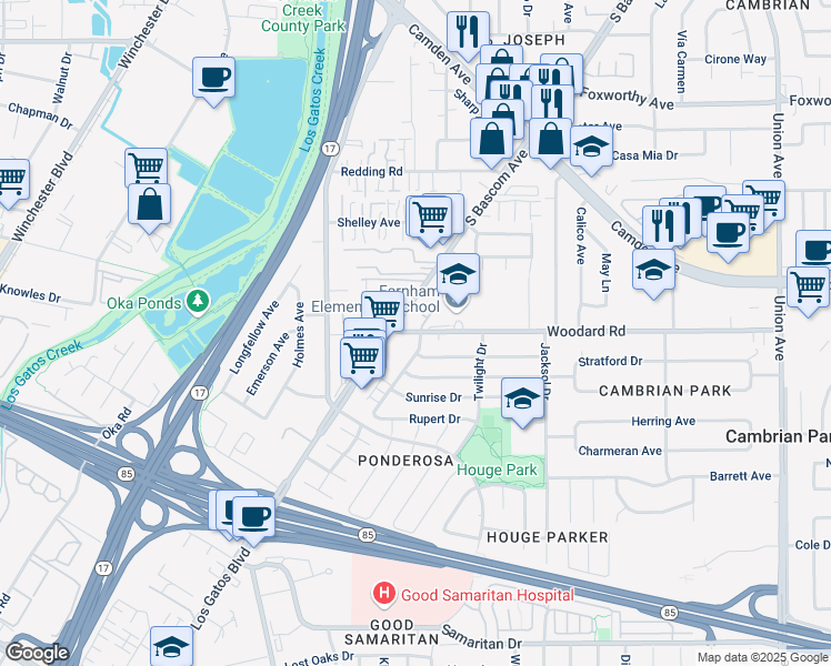 map of restaurants, bars, coffee shops, grocery stores, and more near 5415 Camden Avenue in San Jose