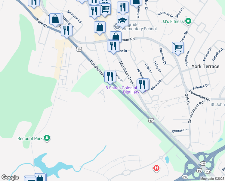 map of restaurants, bars, coffee shops, grocery stores, and more near 7129 Pocahontas Trail in Williamsburg