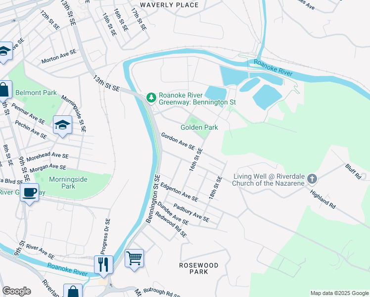 map of restaurants, bars, coffee shops, grocery stores, and more near 1561 Gordon Ave SE in Roanoke