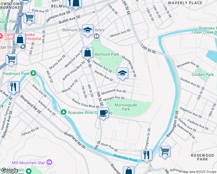 map of restaurants, bars, coffee shops, grocery stores, and more near 952 Morehead Avenue Southeast in Roanoke