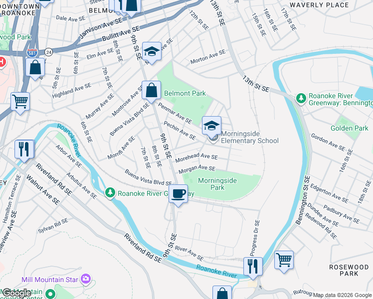 map of restaurants, bars, coffee shops, grocery stores, and more near 952 Morehead Avenue Southeast in Roanoke